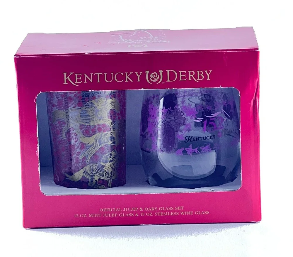 Kentucky Derby Official Julep & Oaks Glass 2-Pack Set Mint Stemless New In Box